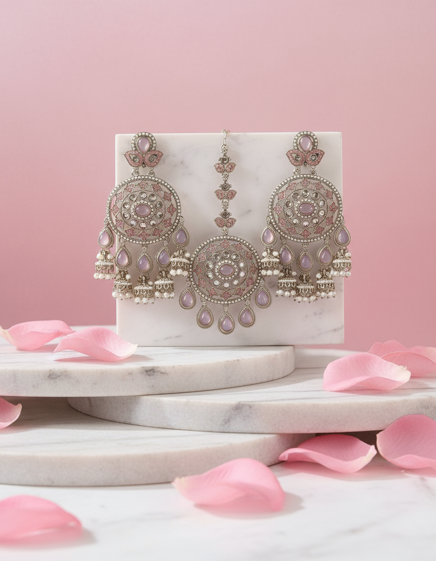 Earrings & Tikka Set in Pastel Pink with elegant background