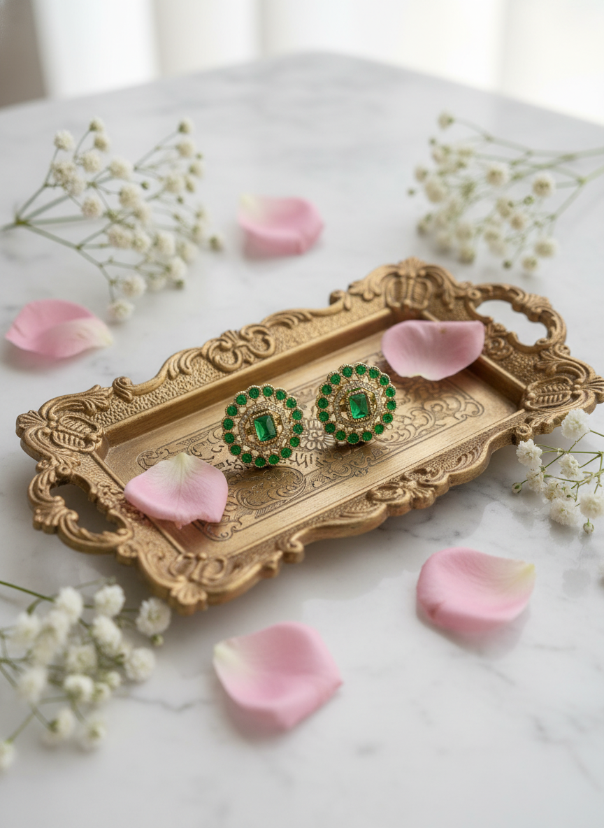 Emerald earrings on baroque tray