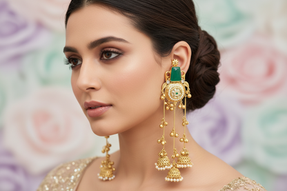 Gold Chandelier Jhumka Earrings on Model