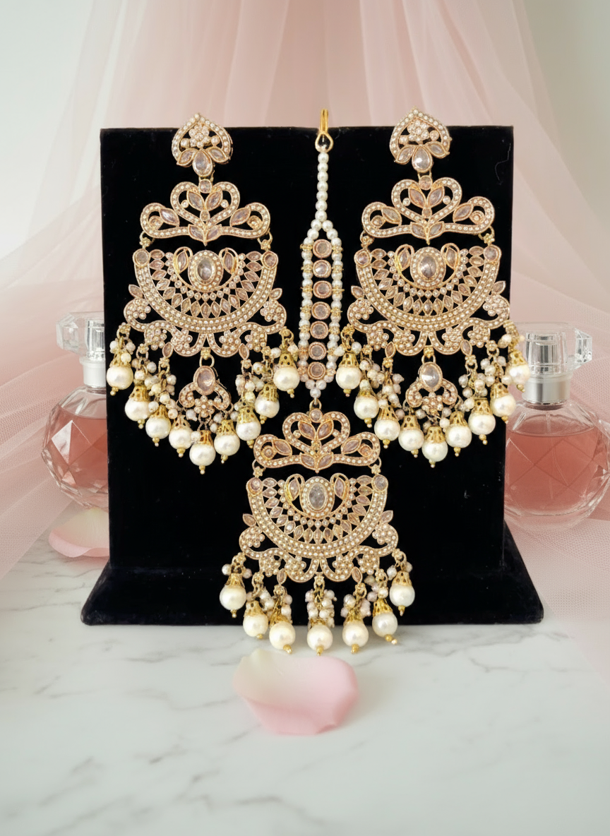 Gold Earrings and Tikka Set with Pink Background