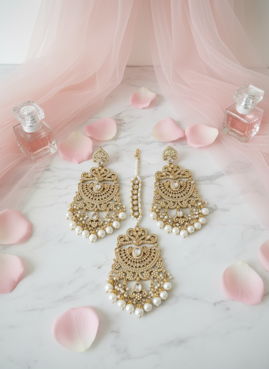Gold Jewellery Set on Marble with Pink Background