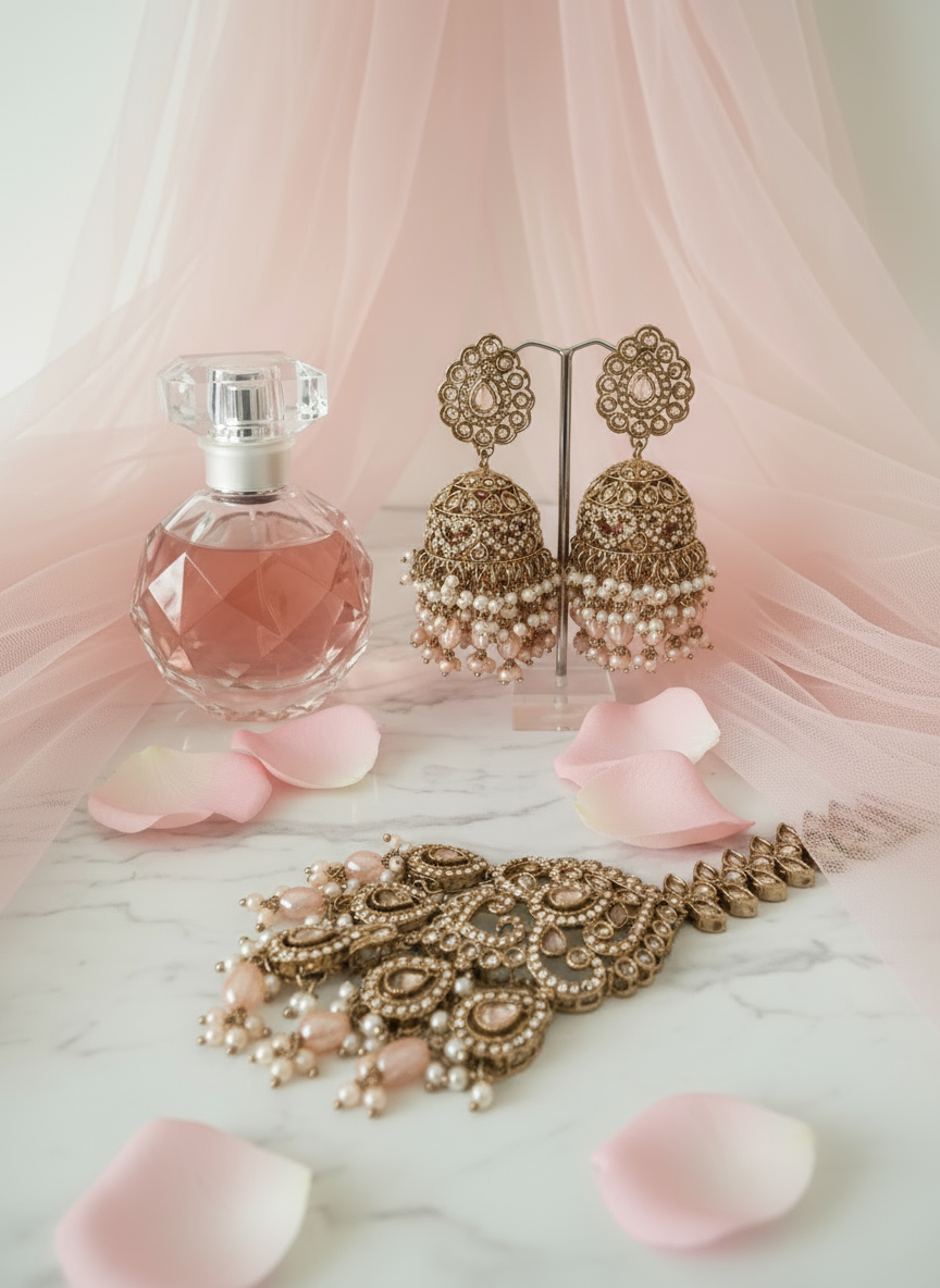 Gold Jewellery Set with Pink Background