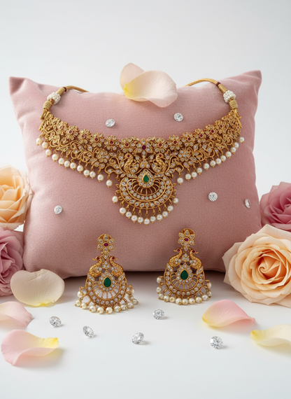 Gold jewelry with rose petals and diamonds
