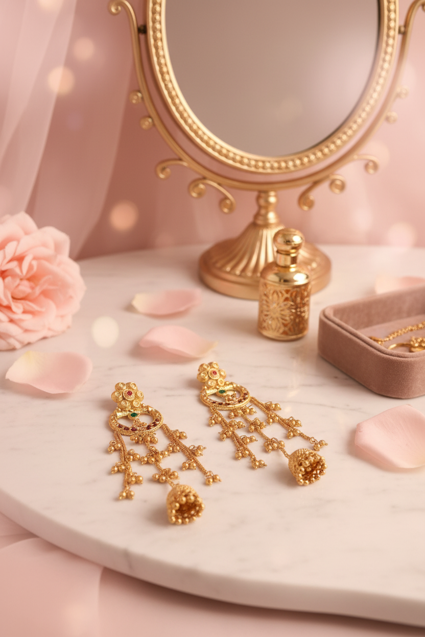 Gold Jhumka Earrings - Ruby Emerald Luxury Vanity