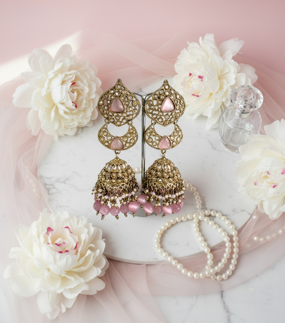 Gold & Pastel Pink Jhumki Earrings