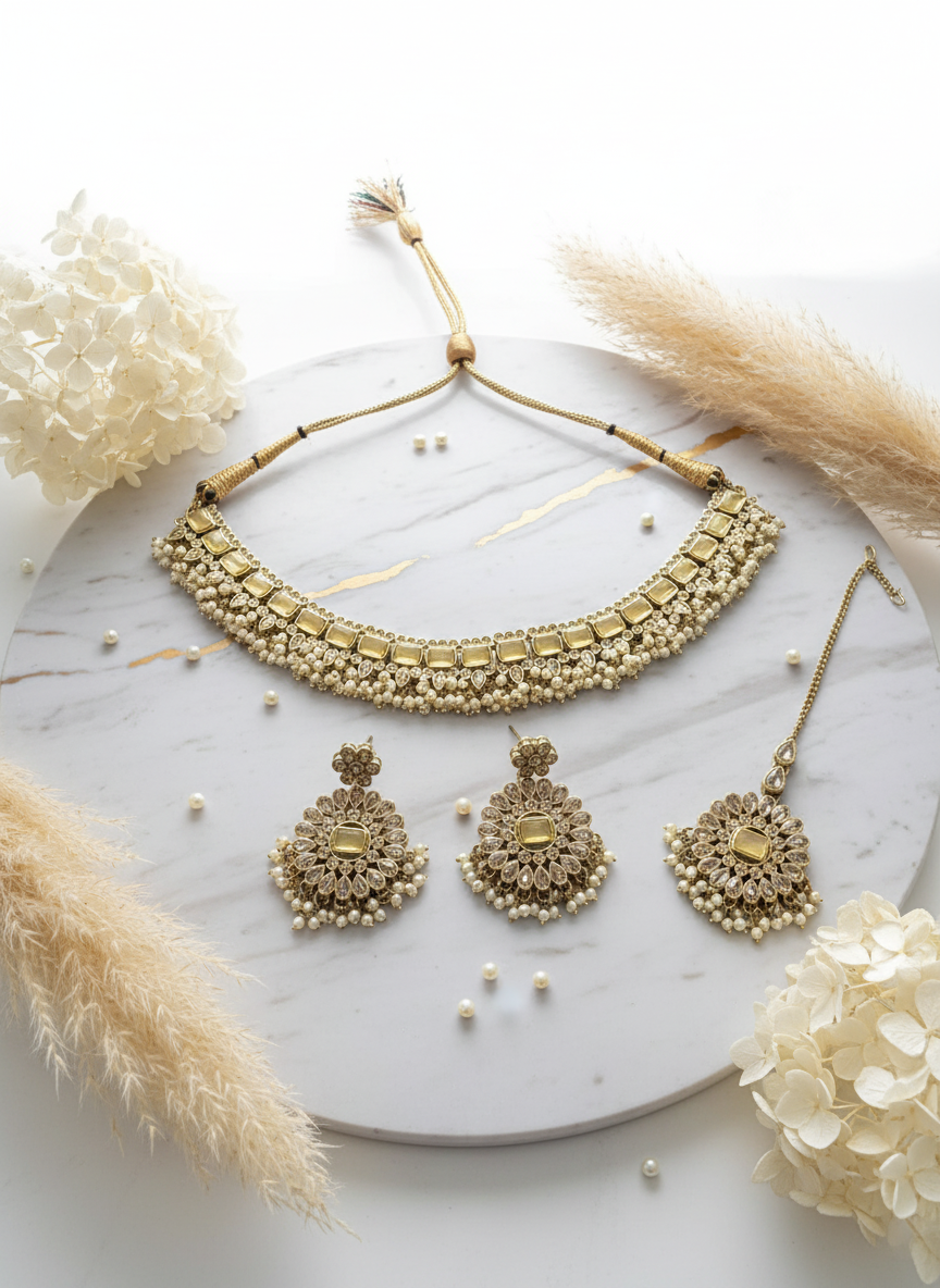 Gold Pearl Jewelry on White Marble