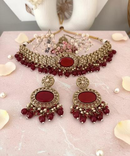 Gold & Red Choker Necklace Set