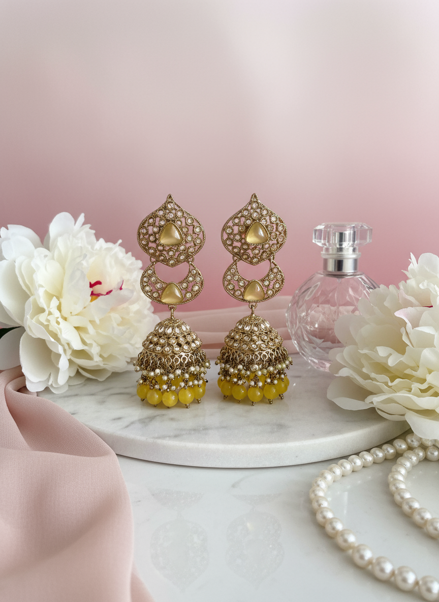 Gold Tone & Yellow Jhumki Earrings with romantic blush pink styling