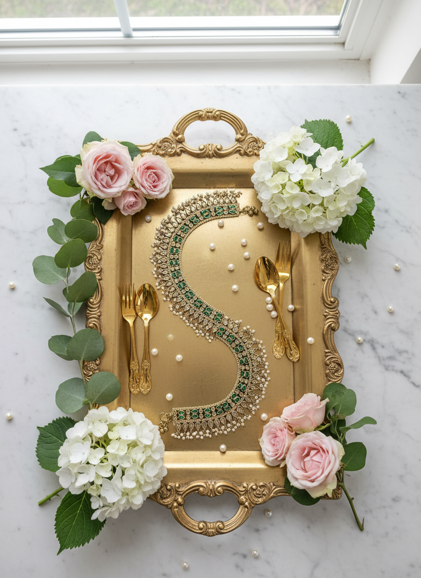 Gold Tray with Hydrangeas & Eucalyptus