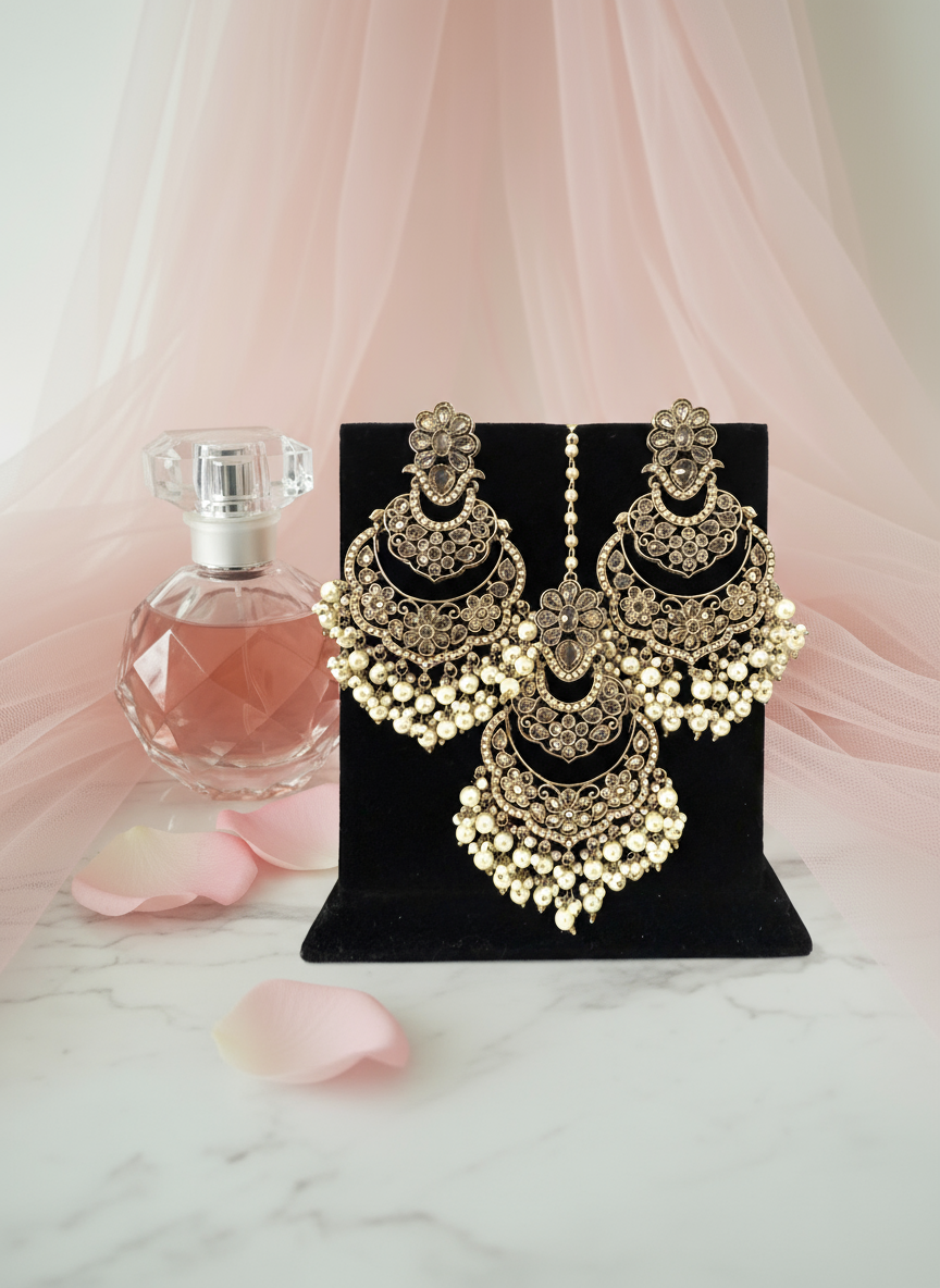 Gold & White Pearls Earrings Tikka Set with Pink Background