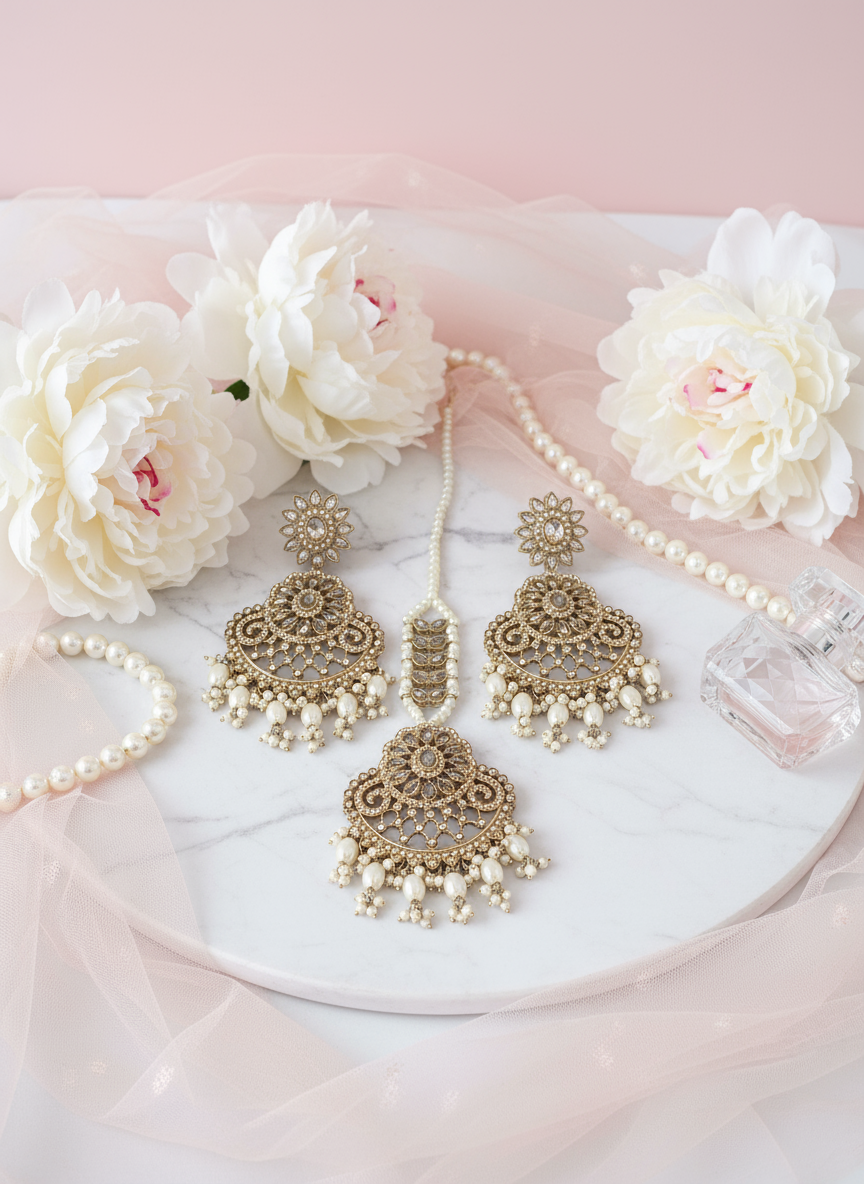 Gold & White Pears Earrings Tikka Set