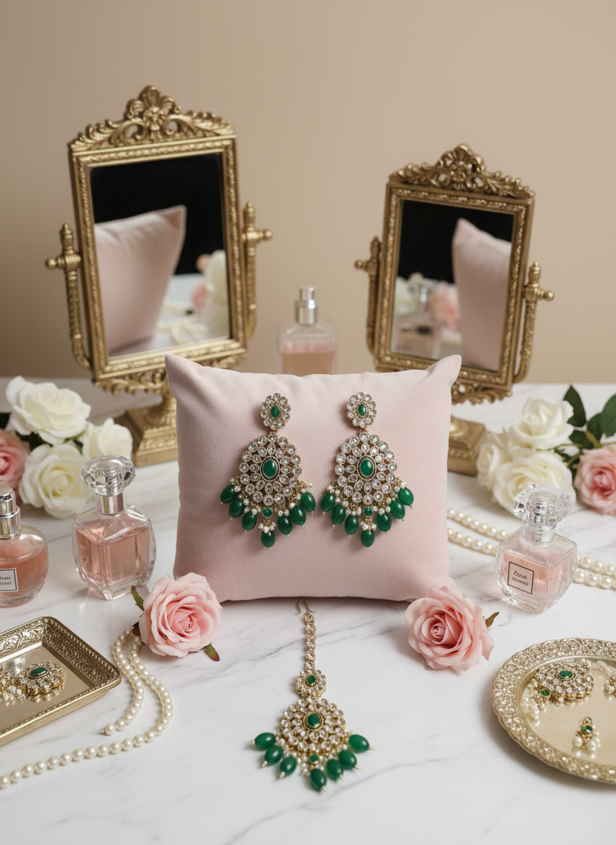 Green & Gold Earrings Tikka Set - Luxury Vanity Display