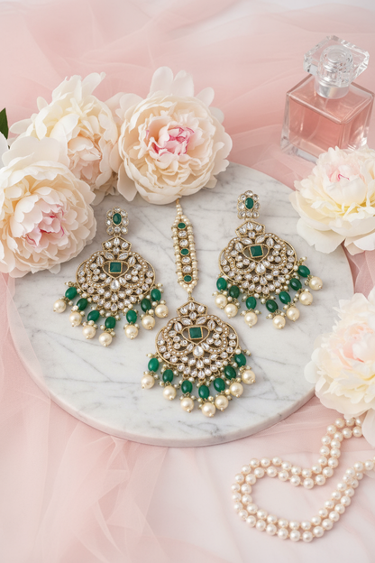 Green & Gold Earrings Tikka Set