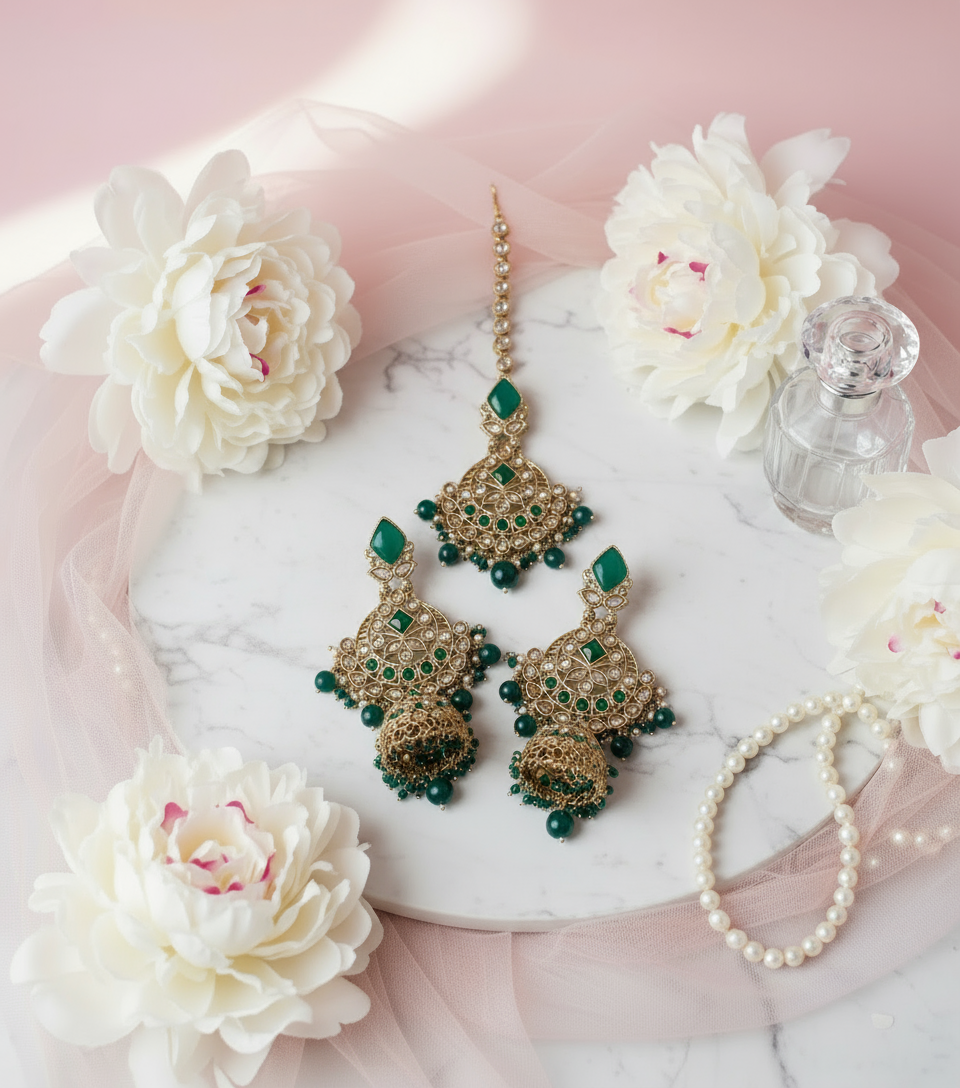 Green & Gold Jhumki Earrings Tikka Set - Corrected