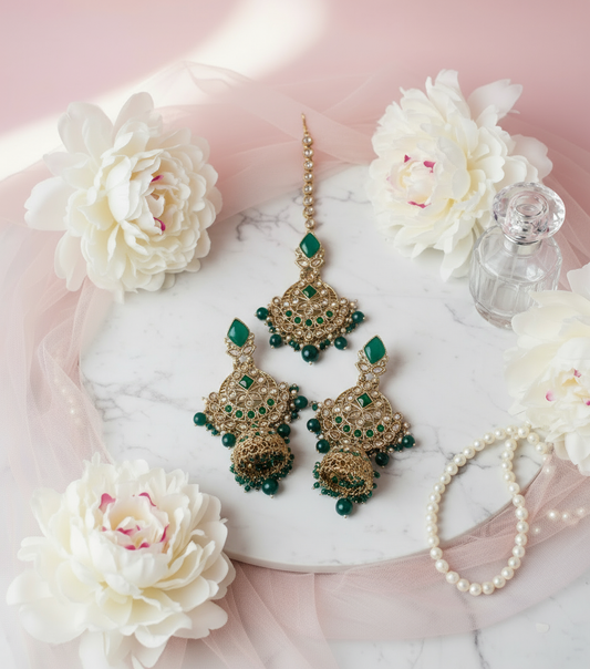 Green & Gold Jhumki Earrings Tikka Set - Corrected