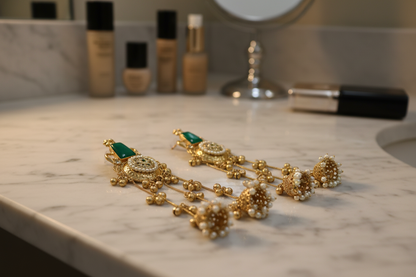 Green jhumka earrings on marble vanity