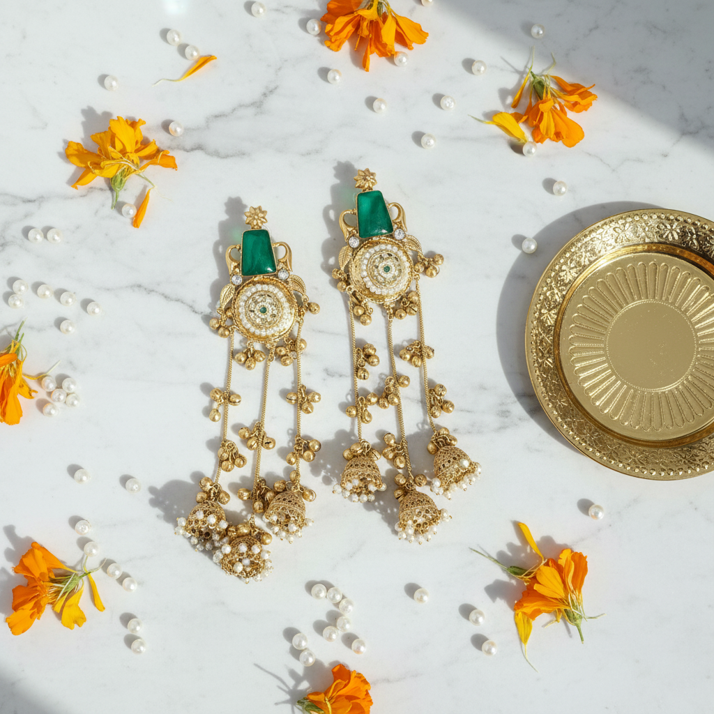 Green jhumka flat lay overhead