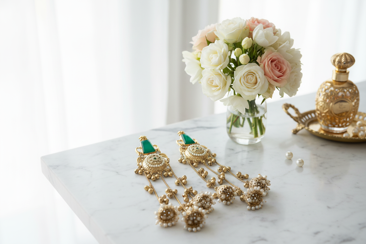 Green jhumka on bright marble vanity