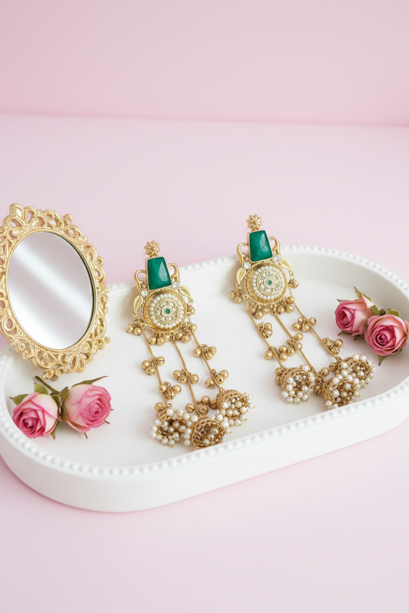 Green jhumka on pastel pink vanity tray