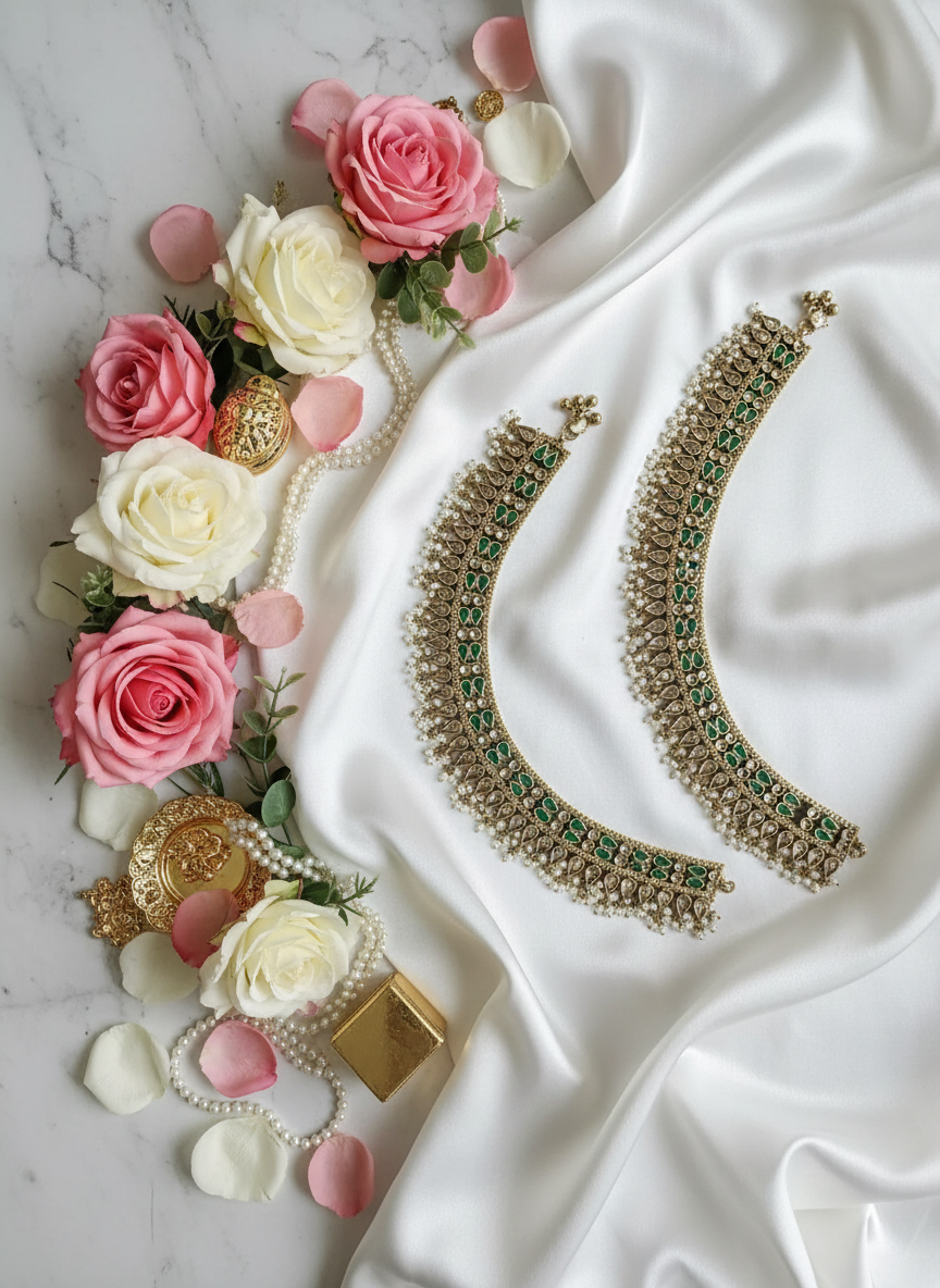 Green Kundan Payal on White Satin