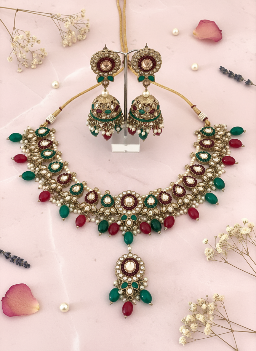 Green & Maroon Two Tone Necklace Set