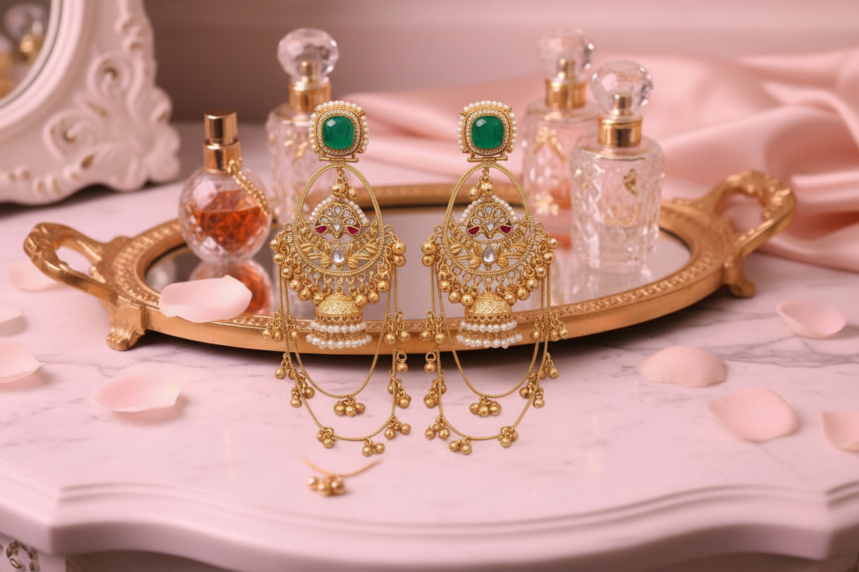 Green Stone Chandbali - Luxury Vanity Setup