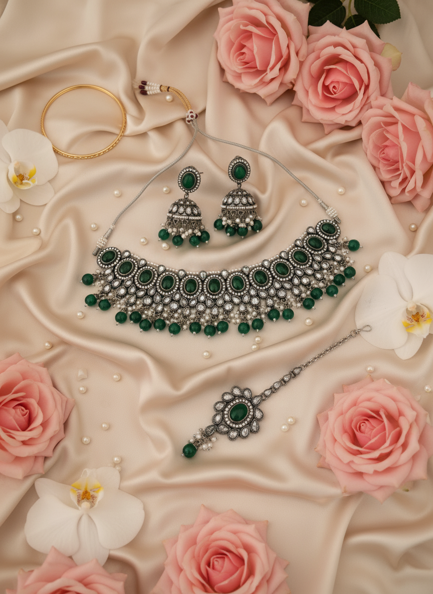 Green Stone Jewelry Set - Diagonal Arrangement