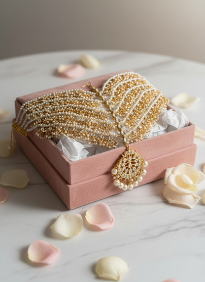 Headpiece on velvet jewelry box with rose petals