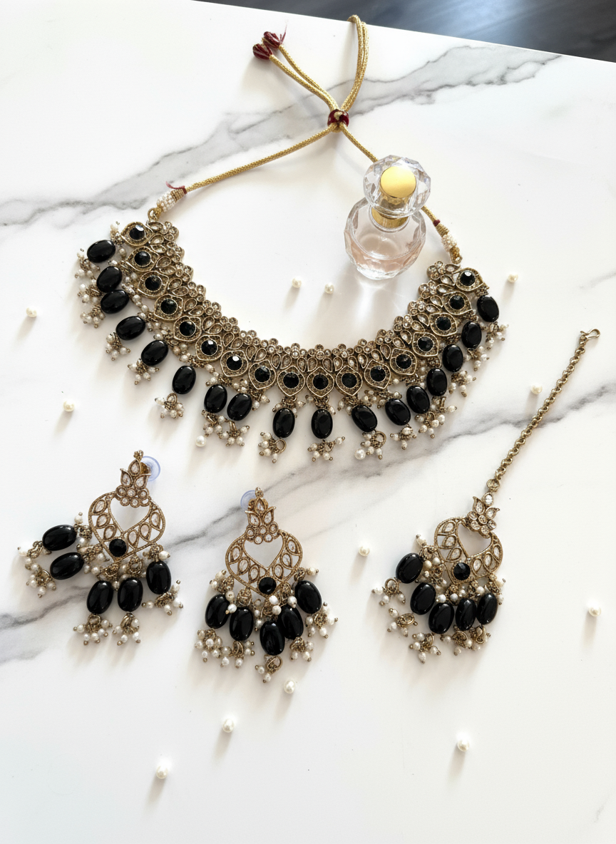 Jewellery set on white marble vanity