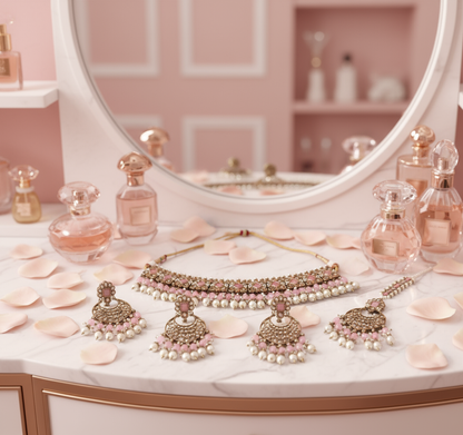 Jewellery set with blush pink vanity background