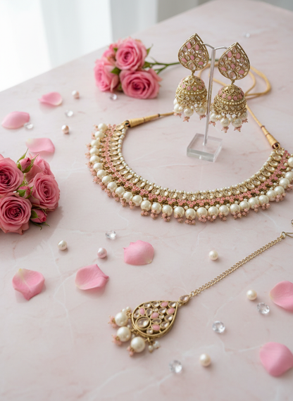 Jewelry on pink marble background