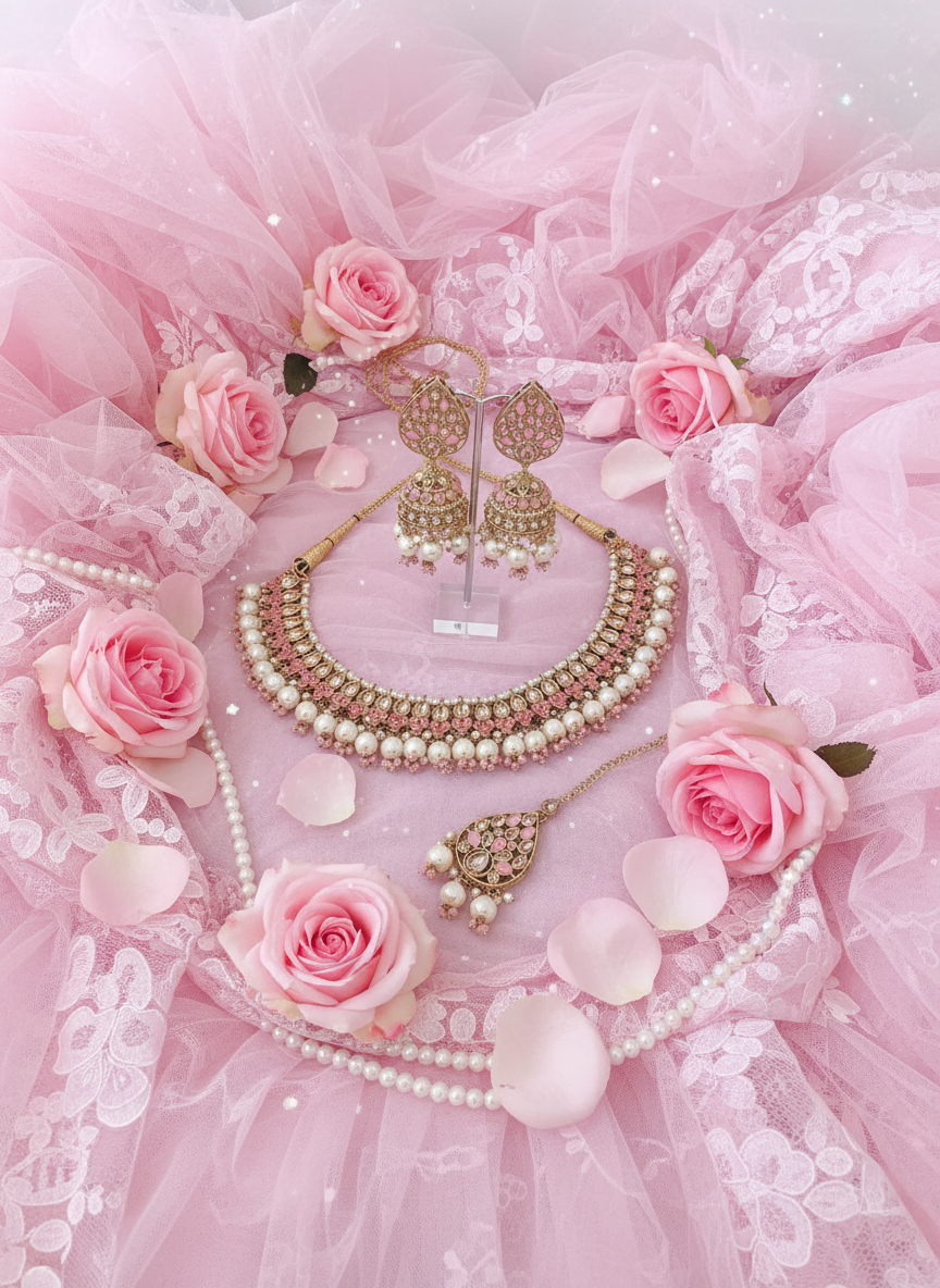 Jewelry on pink tulle and lace