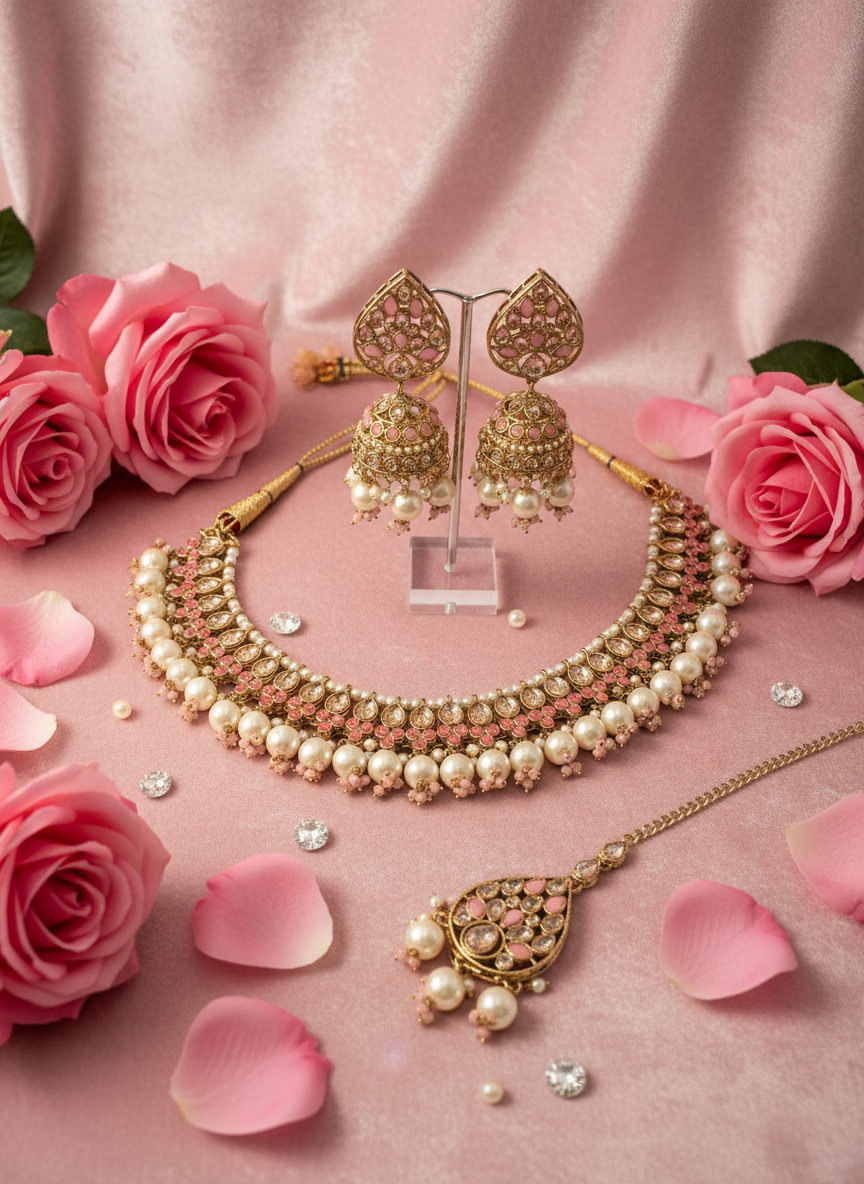 Jewelry on pink velvet background