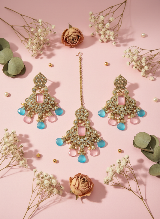 Jewelry with pastel pink background and dried flowers