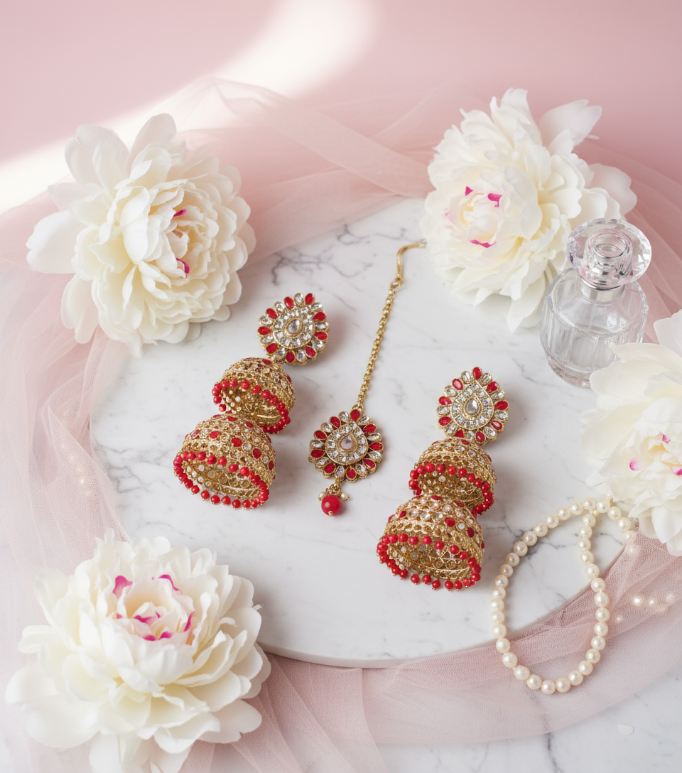 Jhumka Earrings & Tikka Set with Romantic Blush Pink Background