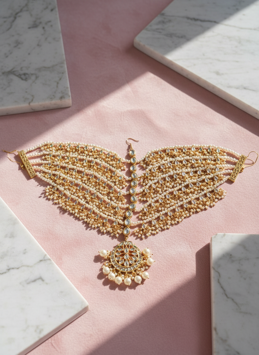 Kundan and pearl headpiece on pastel pink with marble