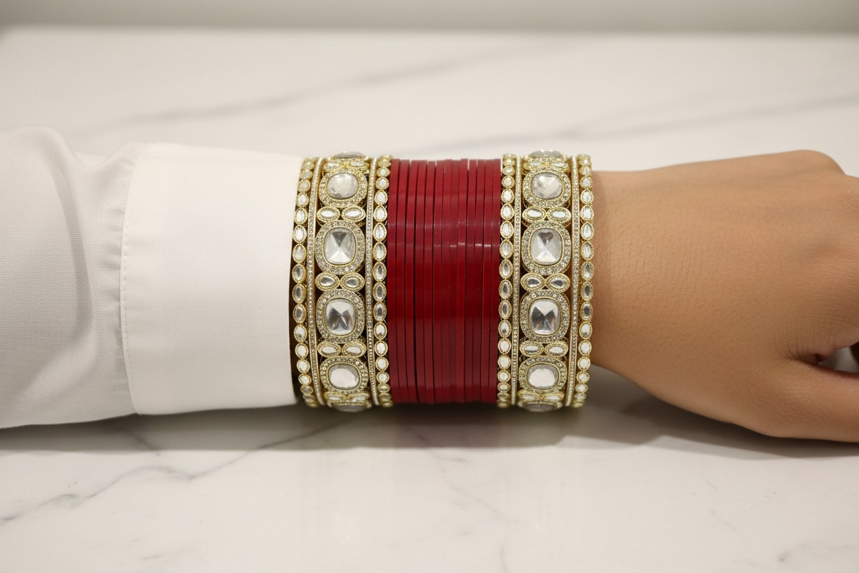 Kundan Bangles Close-up on White Top