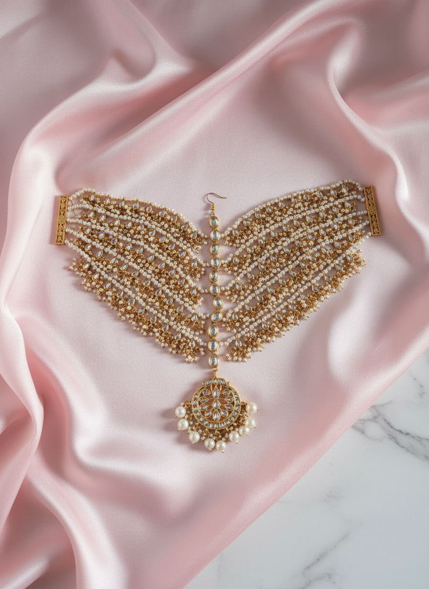 Kundan headpiece on pink silk with marble