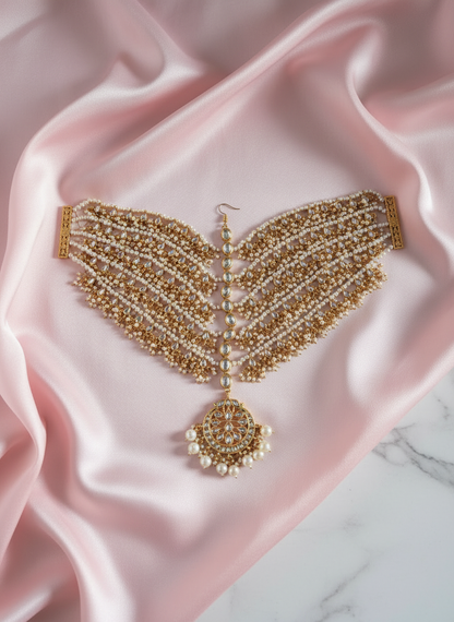 Kundan headpiece on pink silk with marble