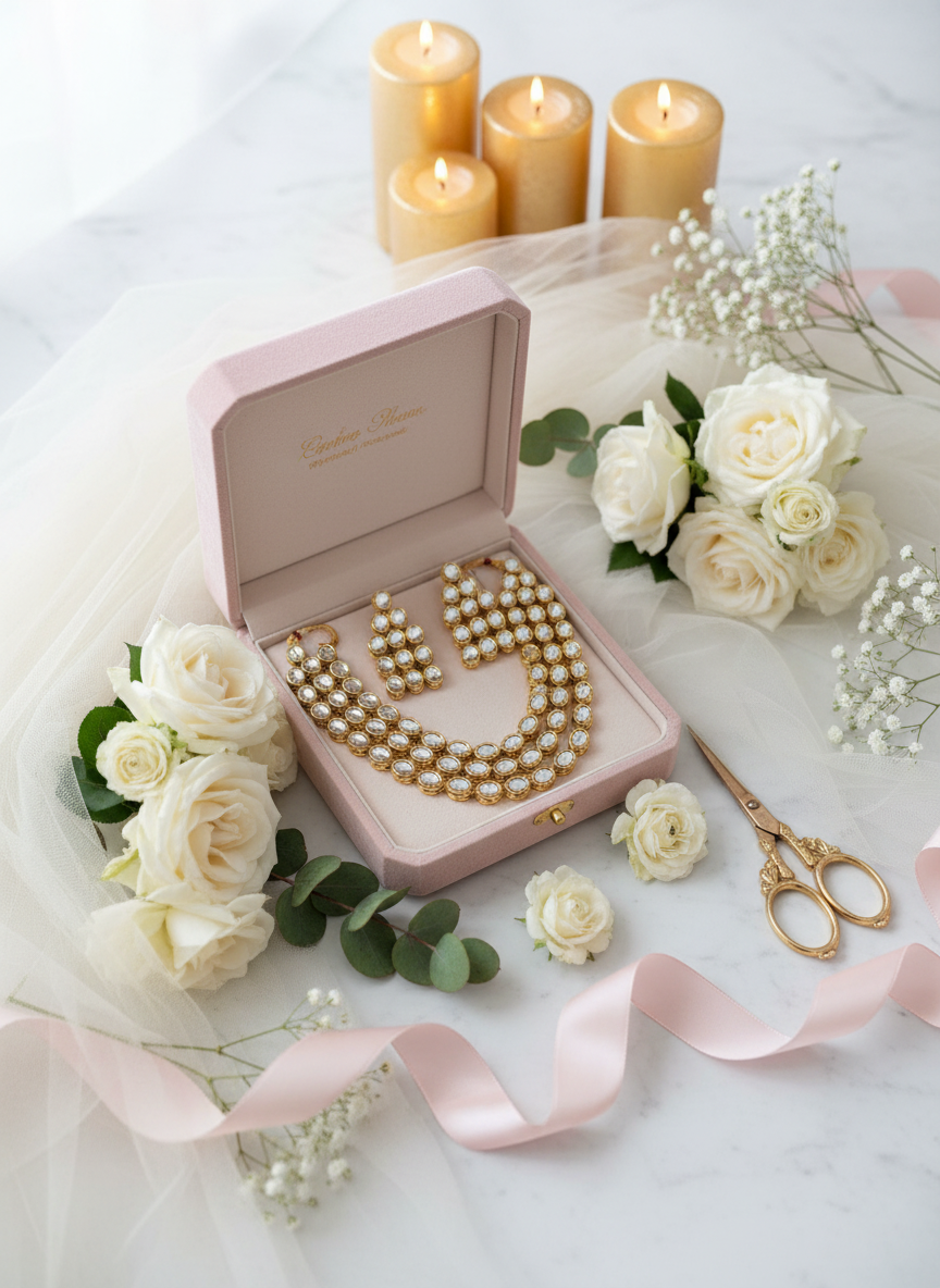 Kundan jewelry in pink box with eucalyptus