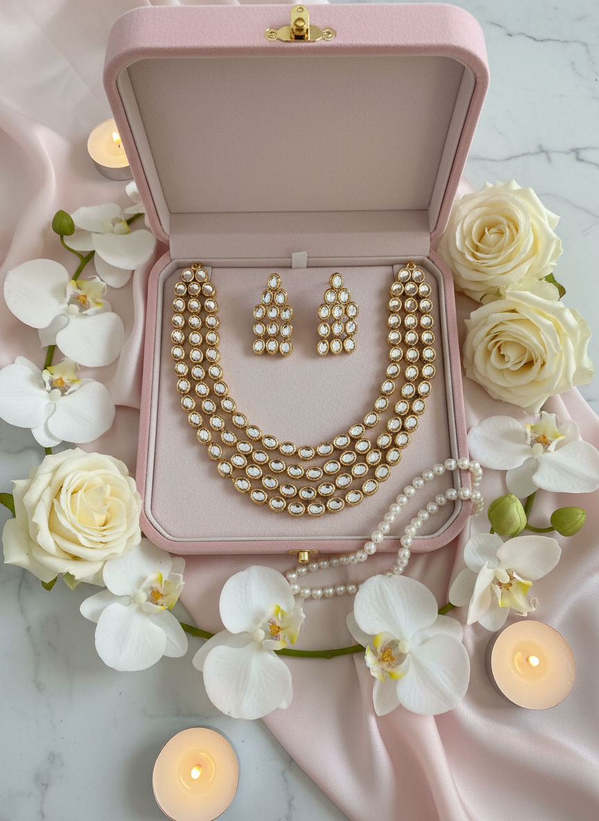 Kundan jewelry in pink box with orchids