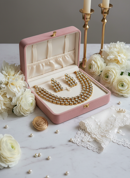 Kundan jewelry in pink box with peonies