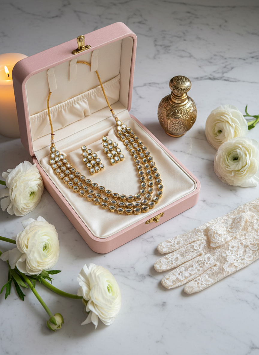 Kundan jewelry in pink box with perfume bottle