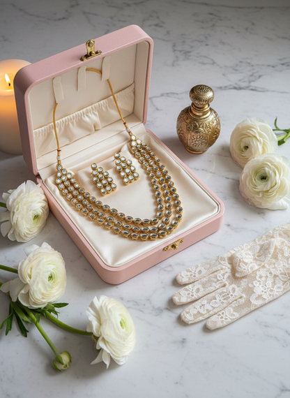 Kundan jewelry in pink box with perfume bottle