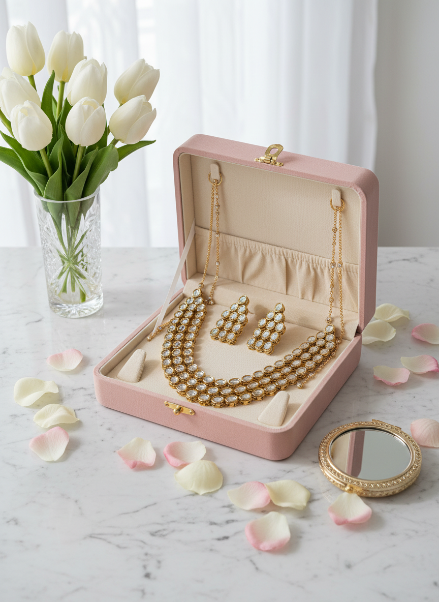 Kundan jewelry in pink box with tulips