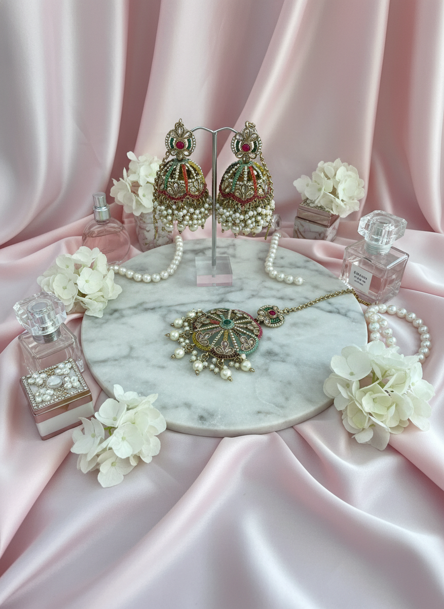 Kundan jewelry set with pastel pink marble vanity setup