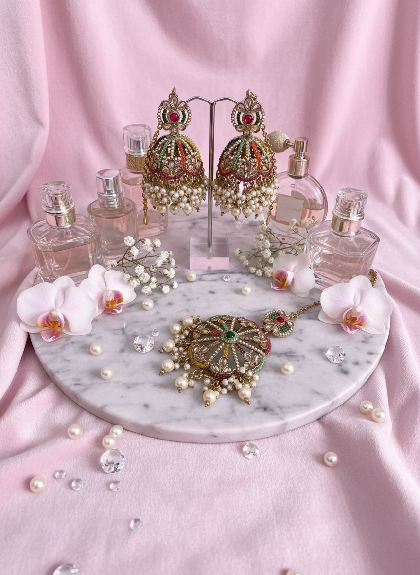 Kundan jewelry with orchids on velvet