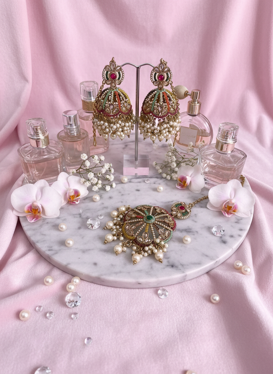 Kundan jewelry with orchids on velvet