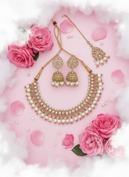 Kundan jewelry with pink clouds - variation 2