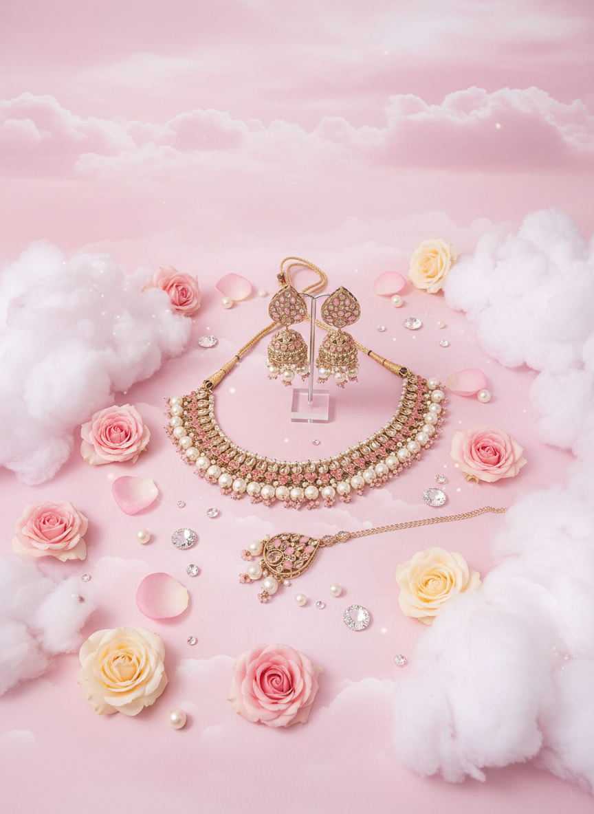 Kundan jewelry with pink clouds - variation 3